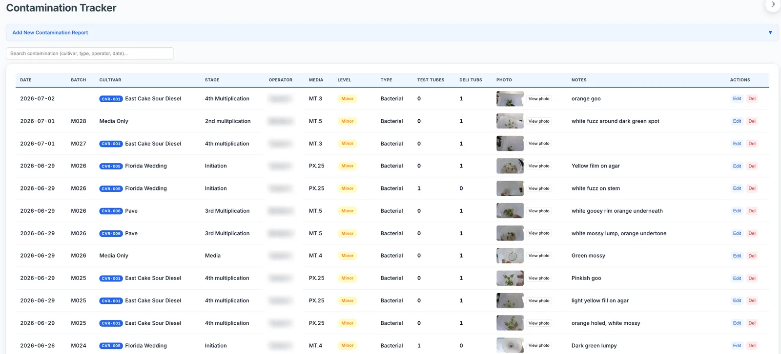 The Collective Herb lab platform Contamination Tracker: a live log of contamination events, each with date, batch, cultivar, stage, media, level, type, a photo thumbnail, and notes